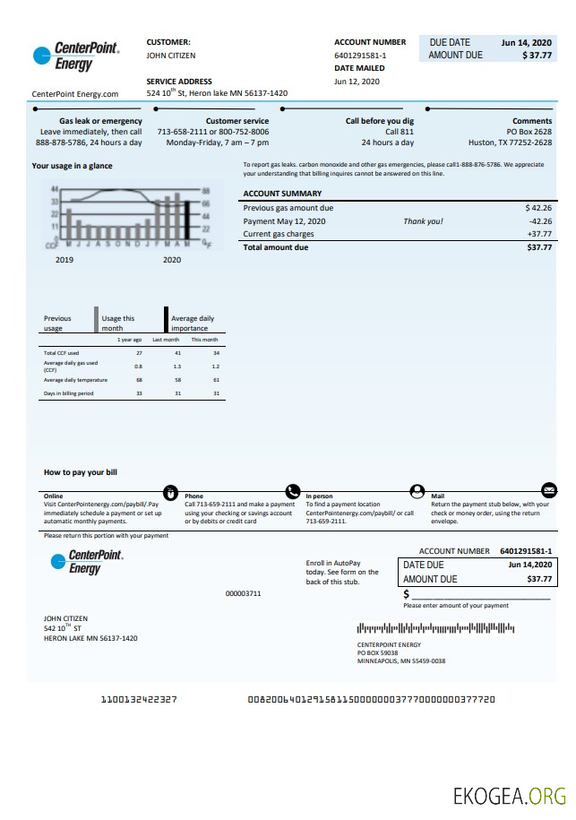 USA Texas Center Point Energy utility bill template in Word and PDF format